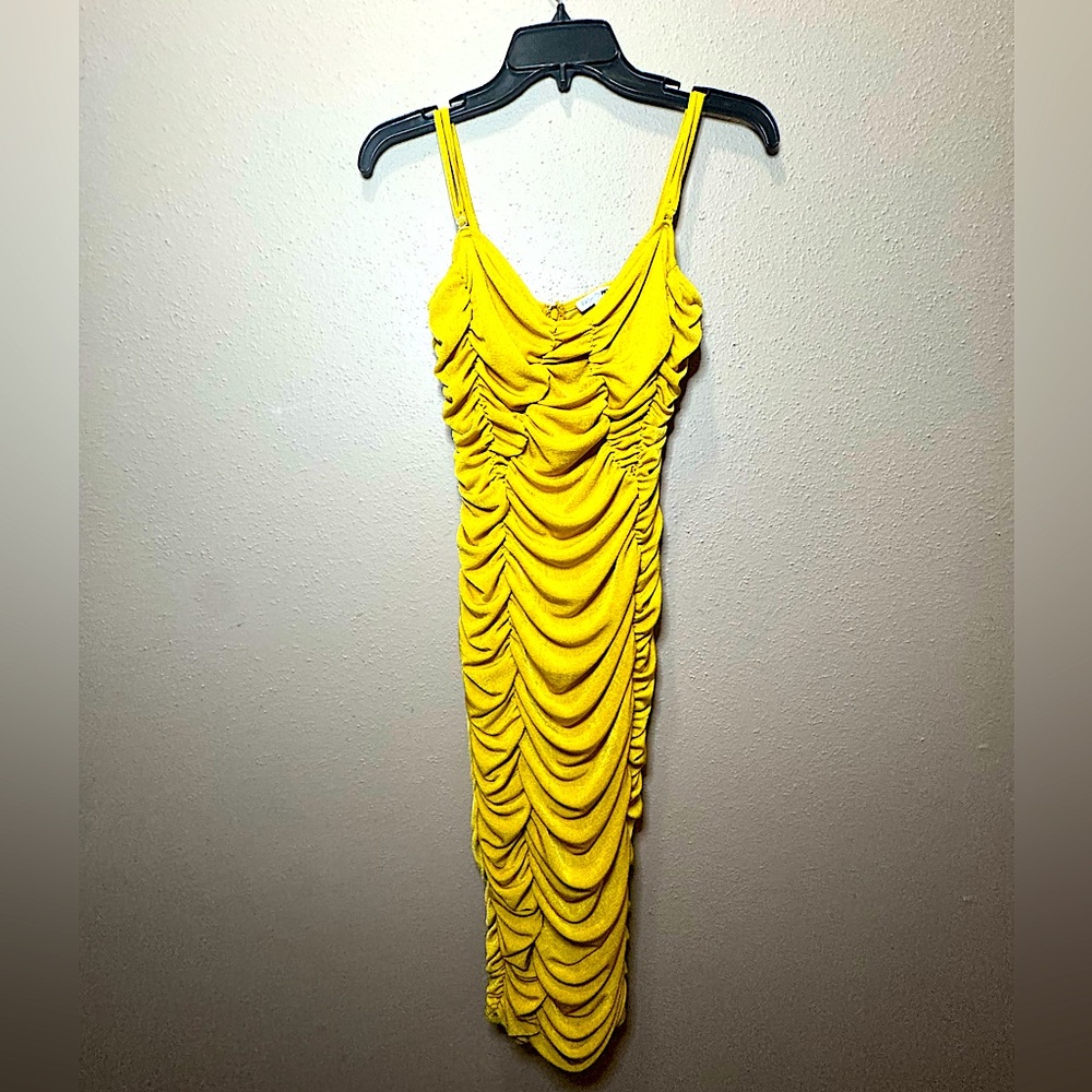 Fashion Nova Vibrant Yellow Ruched Midi Dress